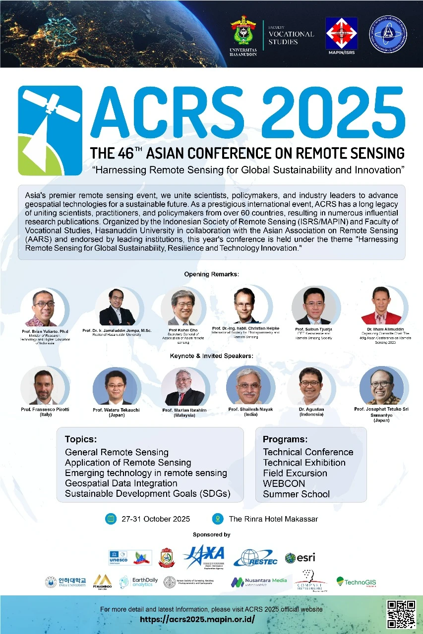 Flyer resmi The 46th Asian Conference on Remote Sensing (ACRS 2025) yang menampilkan daftar pembicara kunci (Keynote Speakers) internasional dan topik utama yang akan dibahas, menegaskan perannya sebagai acara remote sensing terkemuka di Asia yang fokus pada Keberlanjutan Global (SDGs).